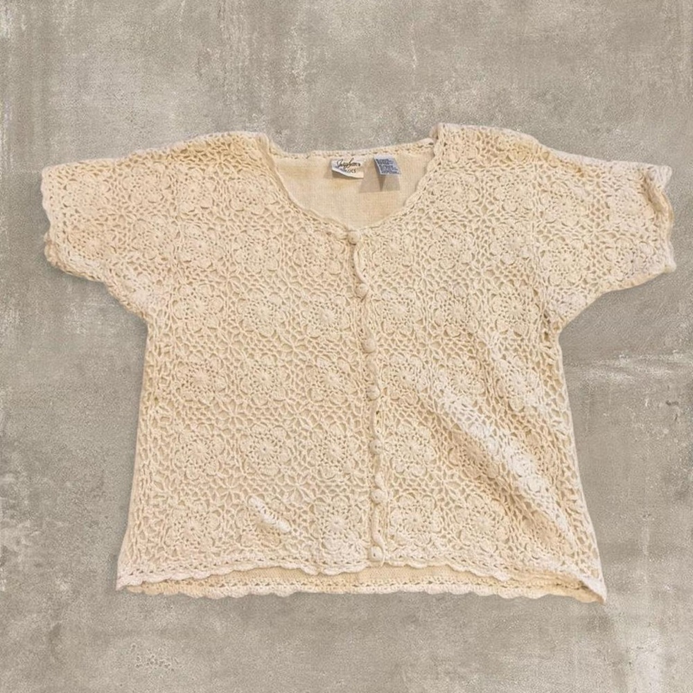 Vintage Jaclyn Smith Crochet Cardigan | Cream Floral Lace Knit Top M